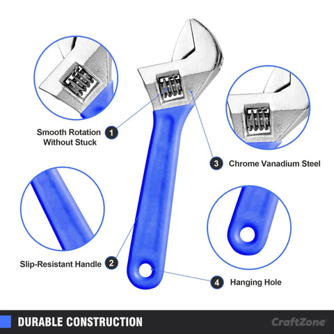Adjustable wrench with blue handle, features labeled: smooth rotation, slip-resistant handle, chrome vanadium steel, hanging hole.