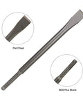 Durable SDS Plus 4 Piece Chisel Set For Hammer Drills With Thinset Scraping Bit, flat chisel showing SDS-Plus shank