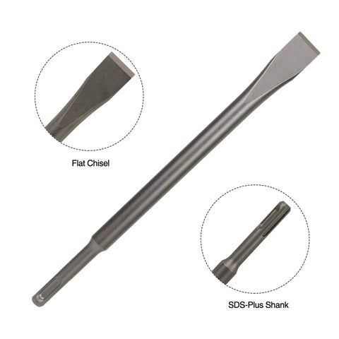 Durable SDS Plus 4 Piece Chisel Set For Hammer Drills With Thinset Scraping Bit, flat chisel showing SDS-Plus shank