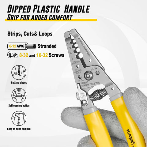 7 Inch Wire Stripper And Cutter Tool For 6 To 12 AWG Stranded Wire Crimping Pliers For 8 32 And 10 32 Screws with yellow handles