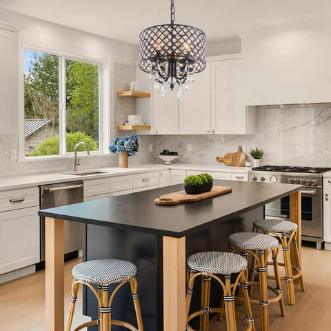 Black Crystal Chandelier Pendant Light Modern Drum Shade With Raindrop Crystals Four Light Hanging Fixture in kitchen island view