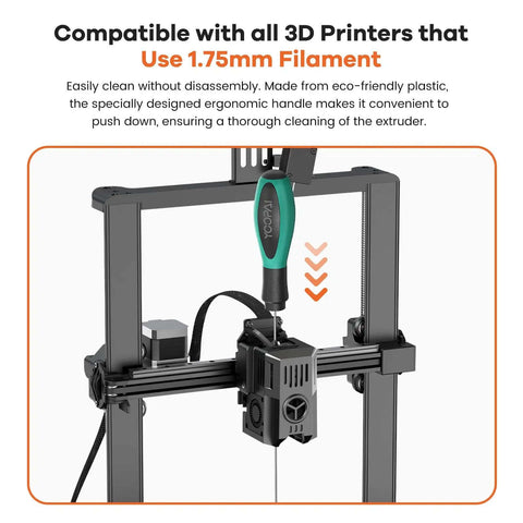 Pro Grade 3D Printer Nozzle Cleaning Kit with soft rubber handle in use on a 1.75mm filament 3D printer, showing extruder cleaning.