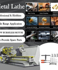 Heavy Duty 8X24 Inch Benchtop Metal Lathe Workhorse 1100W Brushless Gearless Motor with tools and accessories for wood and metal.