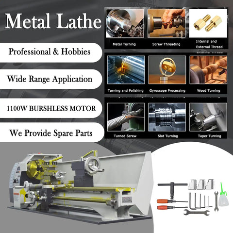 Heavy Duty 8X24 Inch Benchtop Metal Lathe Workhorse 1100W Brushless Gearless Motor with tools and accessories for wood and metal.