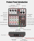 Panel layout of Five Channel USB Bluetooth Audio Mixer With Echo Delay For Recording Live Streaming And Podcasting