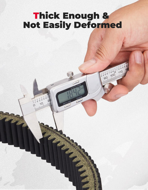 Can Am UTV Drive Belt For Defender Max Sport Trail With Four Layer Chloroprene Rubber Construction, Polyester Cord And Friction Nylon Fabric, Delivers Smooth RPM Engagement And Reliable Performance For Work, Hunting, And Off Road Adventures; measured with caliper