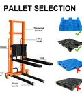 Heavy Duty Electric Pallet Stacker With Rock Solid Hydraulic Rig Designed To Haul 1100 Lb Pallets And Climb Four Feet High Without Breaking A Sweat In Crowded Shops showing parts and pallet compatibility.