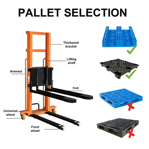 Heavy Duty Electric Pallet Stacker With Rock Solid Hydraulic Rig Designed To Haul 1100 Lb Pallets And Climb Four Feet High Without Breaking A Sweat In Crowded Shops showing parts and pallet compatibility.