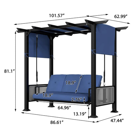 Three Seat Porch Swing Bed With Adjustable Curtains And Cushions For Outdoor Metal Patio Hammock Swing Chair Porch Backyard Garden, Stable Four Carabiners And Reinforced Base For Worry Free Relaxation with dimensions