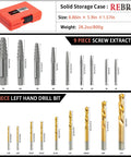 Heavy Duty Screw Extractor Set 37 Piece Cr-Mo and 6542 HSS Cobalt Left Hand Drill Bits in red storage case with extractors and drill bits displayed.