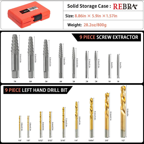 Heavy Duty Screw Extractor Set 37 Piece Cr-Mo and 6542 HSS Cobalt Left Hand Drill Bits in red storage case with extractors and drill bits displayed.