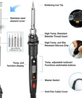 Diagram of Ultimate 80W Soldering Iron Kit with features labeled, showing soldering iron tip, temperature controls, and grip details.
