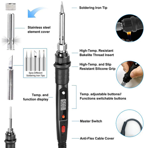Diagram of Ultimate 80W Soldering Iron Kit with features labeled, showing soldering iron tip, temperature controls, and grip details.