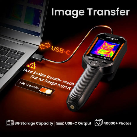 Pro Grade High Resolution Thermal Imaging Camera With 240x240 IR Sensor And 2MP Visible Camera Fusion Imaging 25Hz Handheld Thermography, connected to laptop via USB-C for image transfer, showcasing thermal imaging capabilities.