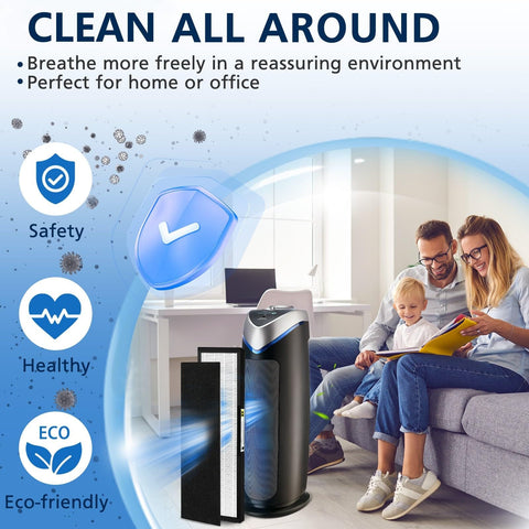 Family in living room with Three Pack HEPA Filter B Replacement For Air Purifiers With Activated Carbon Pre-Filters displayed