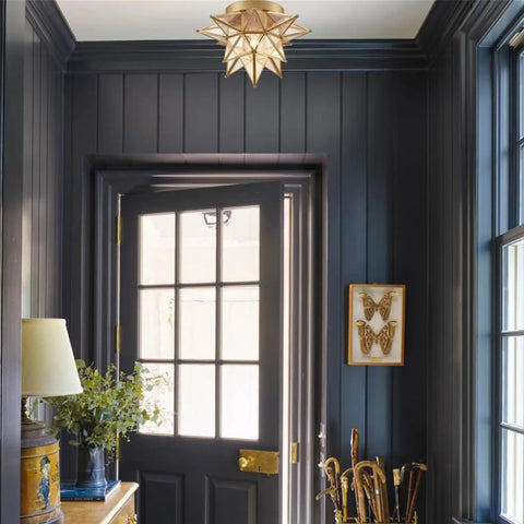 Moravian Star Flush Mount Ceiling Light With Seeded Glass Shade 12.8 Inch Gold Brass Fixture Dope Modern Hallway ETL Listed