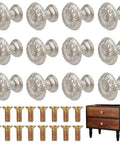 16 Piece Vintage Silver Flower Embossed Drawer Knobs For Kitchens And Dressers Compact Round Metal Pulls With Matching Screws and gold screws.