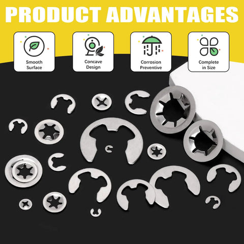 Stainless Steel Internal Tooth Star Lock Washers And E Clip Assortment Set For Metric Sizes M2 To M12 With External Retaining Rings