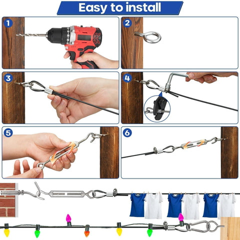 Installation steps for One Eighth Inch Wire Rope Kit With 200 Feet Black Vinyl Coated Stainless Steel Cable And M5 Turnbuckles All In One For String Lights Clothesline Garden Trellis Curtain DIY Outdoor Backyard Ready.