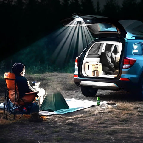 Person camping at night beside SUV with open trunk showing High Power 3kW Hydroelectric Turbine Generator For Outdoor Rivers And Mountains