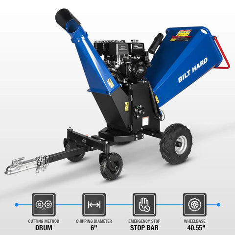 Towable 6 Inch Wood Chipper With Electric Start 15HP 420cc Gas Powered Engine Beast Drum Mulcher Heavy Duty For Yard Waste Leaf And Branch Shredder 4 Wheels With Tow Bar And Emergency Stop