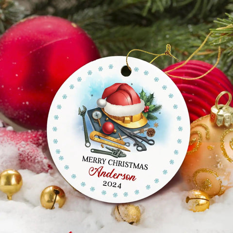 Personalized Mechanical Engineer Christmas Ornament 2026 Gift For Dad Mom Son Daughter Teacher Or Coworker Custom Name And Text Keepsake For Tree Decor In A Fun Engineering Style That Smiles Big Time, featuring tools and Santa hat design.