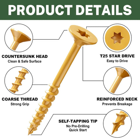 Heavy Duty Torx Deck Screws Size 8 X 1.5 Inch Tan Coated Wood Fasteners showing countersunk head and coarse thread details.