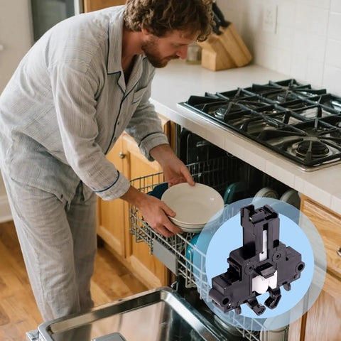Man using dishwasher with inset image of Dishwasher Door Latch Replacement WD01X29878 For GE And Hotpoint Dishwashers Easy Install