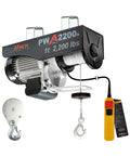 ProWinch electric hoist front view with wired remote; 2,200 lb capacity, 38 ft lift, black/gray unit with yellow remote