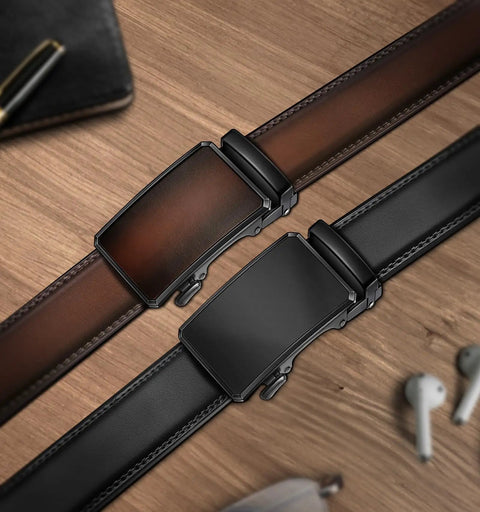 Two Pack Leather Ratchet Belts For Men With Easy Click Buckle Cut-To-Fit 1 3/8 Inch Wide Adjustable 32 To 38 Inch Waist Black And Deep Brown Built For Quick Adjustments And All Day Comfort On The Go