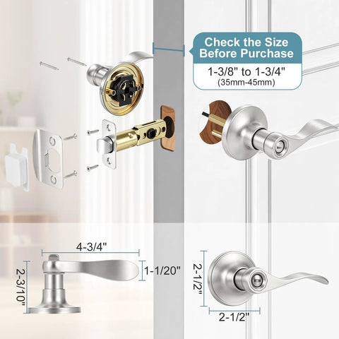 Exploded view of Eight Pack Wave Style Privacy Door Handles And Knobs With Keyless Reversible Lockset in brushed nickel on a door.