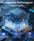 Built Tough 13.3 Inch Rugged Tablet With Intel Core I7 Processor 32GB Ram And 1TB Storage Runs Windows 11 Pro IP65 Waterproof Industrial PC With Integrated 1D 2D QR Barcode Scanner And Docking Station For Daily Ops showing Intel i7-1255U processor with 1TB storage and 32GB RAM.