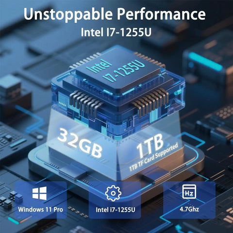 Built Tough 13.3 Inch Rugged Tablet With Intel Core I7 Processor 32GB Ram And 1TB Storage Runs Windows 11 Pro IP65 Waterproof Industrial PC With Integrated 1D 2D QR Barcode Scanner And Docking Station For Daily Ops showing Intel i7-1255U processor with 1TB storage and 32GB RAM.
