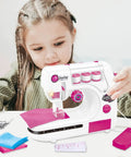 Child using Kids Sewing Machine Toy With Realistic Pedal And Needle Threading For Needlework Practice