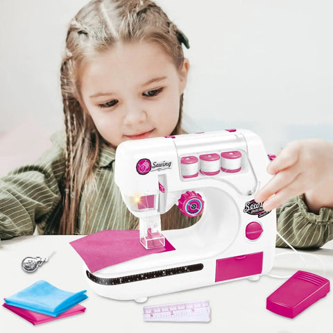 Child using Kids Sewing Machine Toy With Realistic Pedal And Needle Threading For Needlework Practice