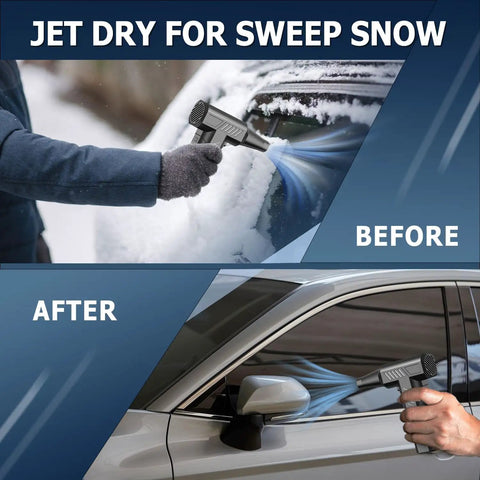 Compressed Air Duster Mini Blower Turbo Beast Mode Power 150000RPM cleaning snow from car windshield in before and after comparison