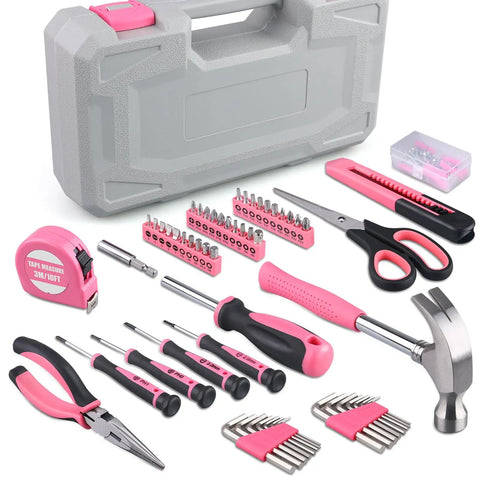 Pink 150 Piece All Purpose Tool Kit In Tool Box Storage Case For DIY Home Repairs And Projects Perfect For Garage Office Dorm And College Use Women Ladies And Girls displayed on a white background