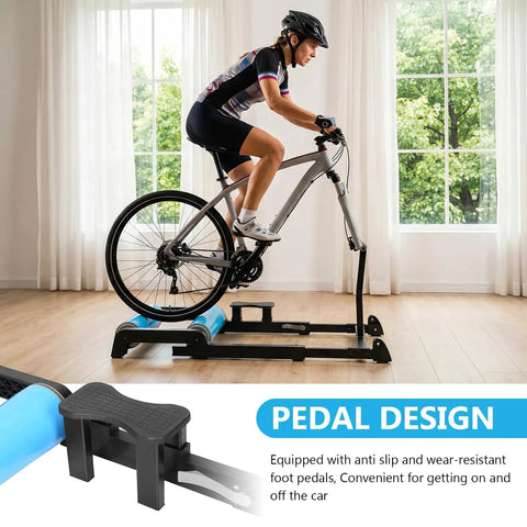 Cyclist using Detachable Indoor Bike Resistance Trainer With Quick Release Front Wheel No-Slip Balance Rack in home gym