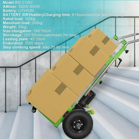 Powerful Electric Stair Climbing Hand Truck Dolly With 880 Pound Heavy Duty Load Capacity And 1200 Watt Motor For Easy Furniture Moving on stairs with boxes.