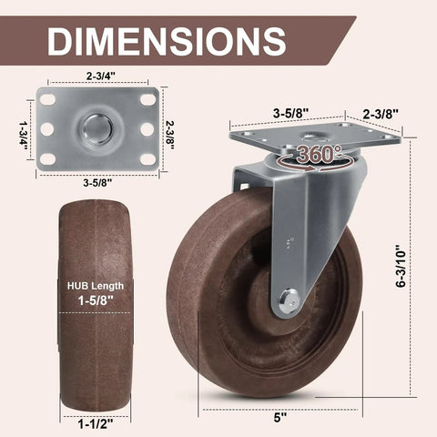 Dimensions of Heavy Duty 5 Inch High Temp Caster Wheels Rock Solid Heat Resistant Nylon Roller with measurements.