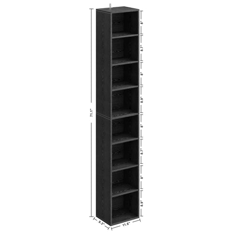 Tall Narrow Bookshelf With Eight Tier Open Cubes Space Saving Corner Bookcase Floor Standing Storage Shelves For Living Room Office Bedroom Super Slim Profile That Crushes Clutter And Keeps Your Setup Lookin Fresh Daily, black unit with dimensions shown.