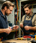 Two electricians using Rock Solid Eight Inch Manganese Steel Wire Cutter Stripper And Crimping Pliers for cable work.
