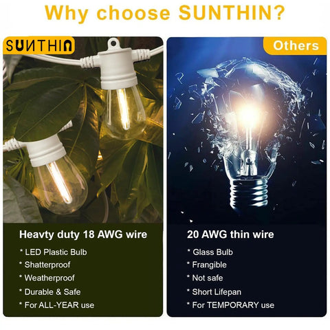 Comparison of White Outdoor String Lights 48Ft With 16 Shatterproof 1W LED Bulbs on leaves with a shattered bulb.