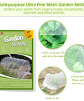 8x24ft Garden Netting Pest Barrier with 0.8mm Ultra Fine Mesh Plant Cover displayed in packaging and installation view with leaves.