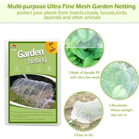 8x24ft Garden Netting Pest Barrier with 0.8mm Ultra Fine Mesh Plant Cover displayed in packaging and installation view with leaves.