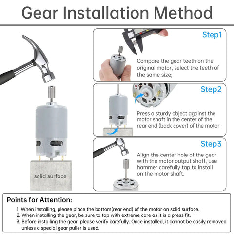 Gear installation method for Two Pack 24V DC Motors, 25,000 RPM High Speed Drive Motors for Kid's Ride On Cars, replacement instructions