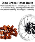 Orange Mountain Bike Rotor Bolts Set for Six Bolt Brakes Stainless T25 Steel Rust Resistant Hardware Fits Hope Shimano SRAM Hayes Magura Formula Race Front And Rear Rotors Compatible With 140 160 180 203 Millimeter Rotors next to a rotor
