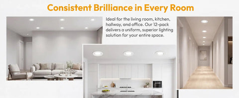 Living room and hallway featuring 12 Pack 4 Inch Retrofit LED Recessed Lighting with E26 Adaptor, Can Lights with Baffle Trim, Dimmable, Damp Rated.