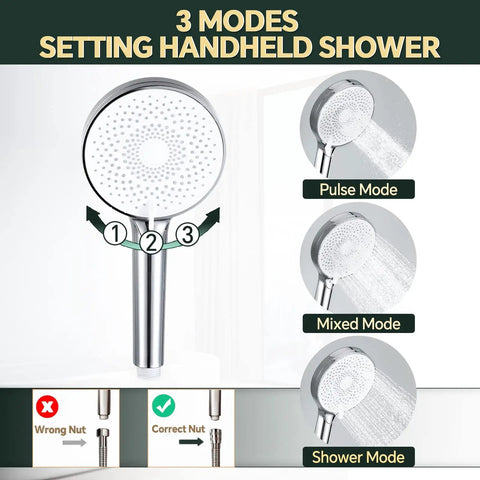Rain Shower Head With Handheld Combo 10 Inch High Pressure Rainfall Sprayer Set Including Handheld Shower modes display