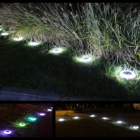 Colorized Solar Ground Lights With 20 Lumens Dope Outdoor RGB LEDs illuminating garden path, showcasing color-changing waterproof feature.